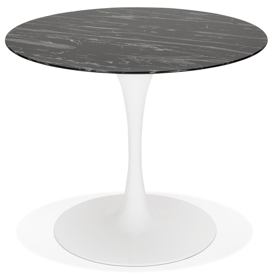 Table à manger ronde en verre noir effet marbre - 90 CM, pied central blanc