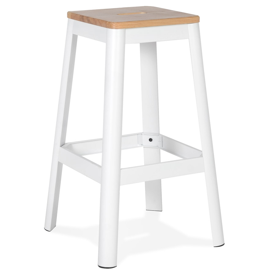 Tabouret industriel LIDYA métal blanc, assise bois