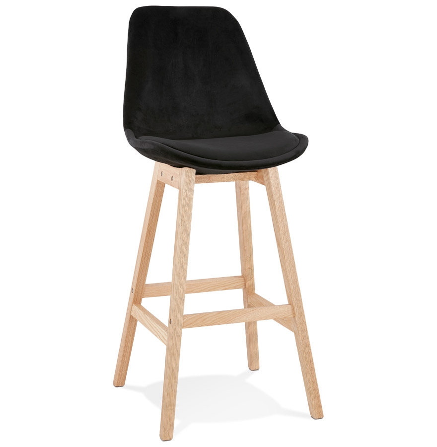 Tabouret de bar MORISS velours noir et bois naturel