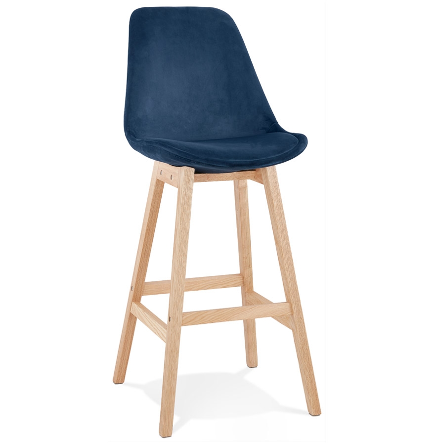 Tabouret MORISS en velours bleu & bois naturel