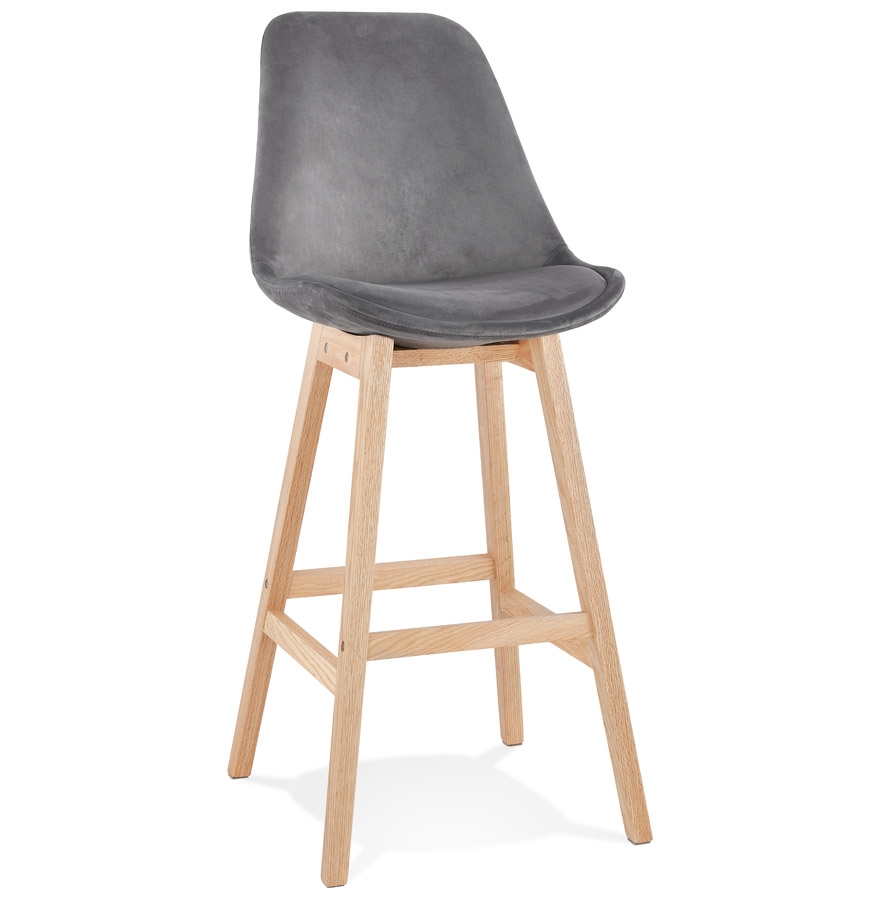 Tabouret de bar MORISS velours gris, pieds bois naturel