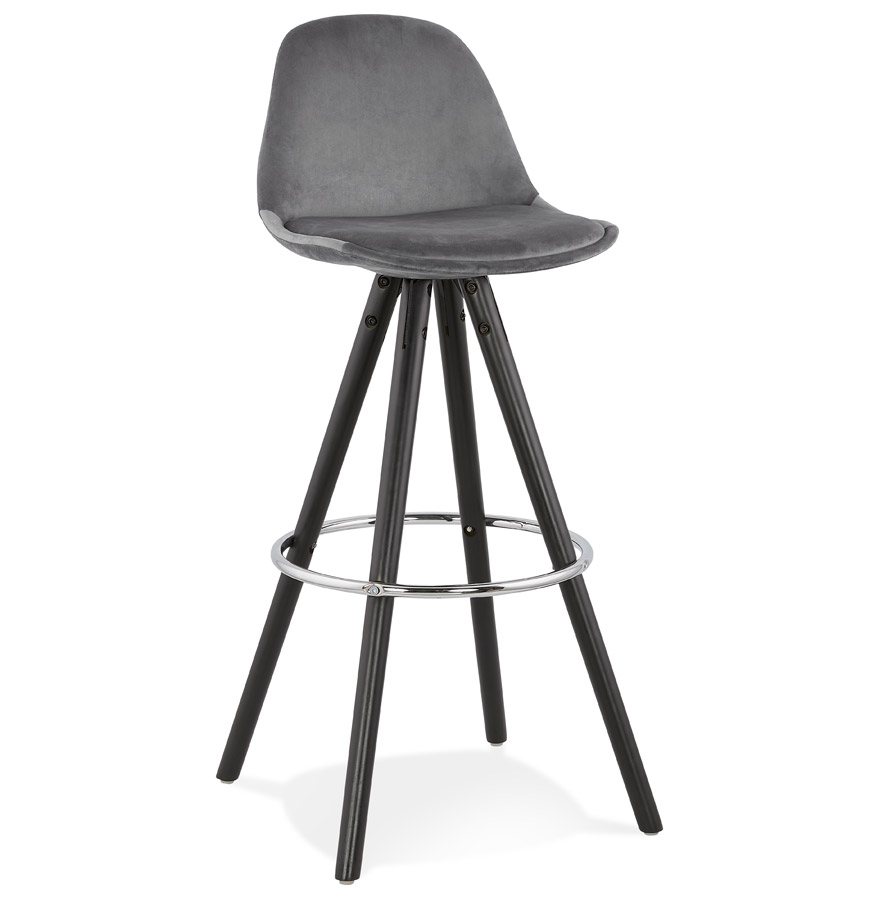 Tabouret bar SPIRIT velours gris, pieds bois noirs