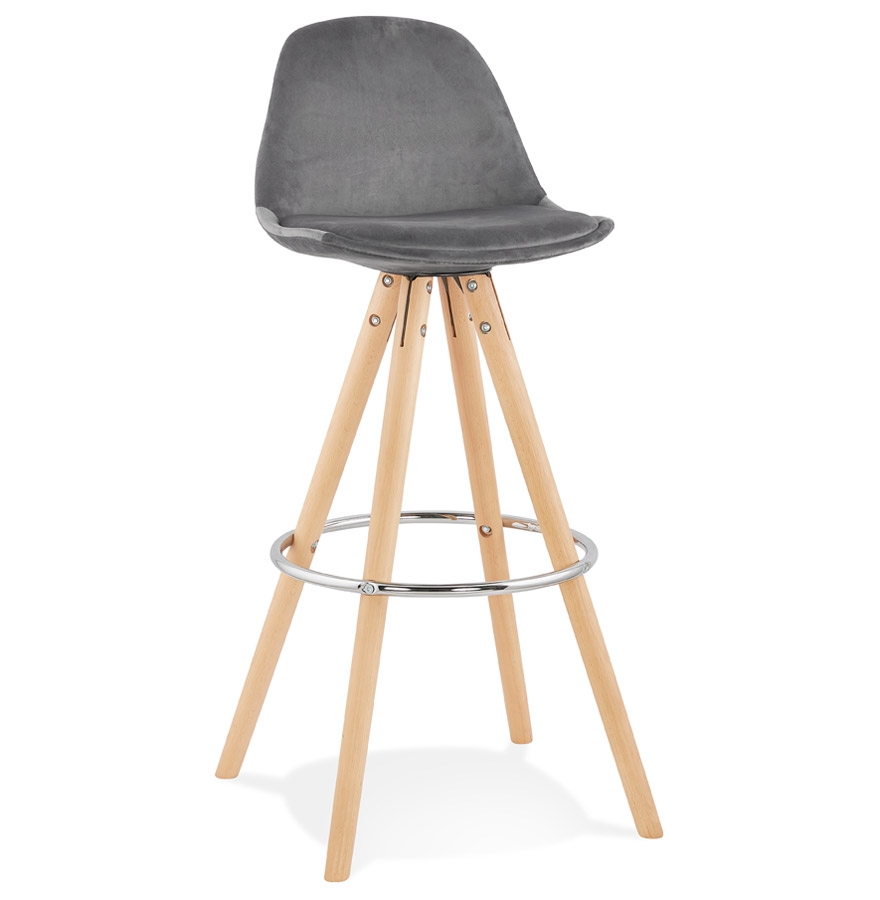 Tabouret de bar en velours gris SPIRIT - pieds bois naturel