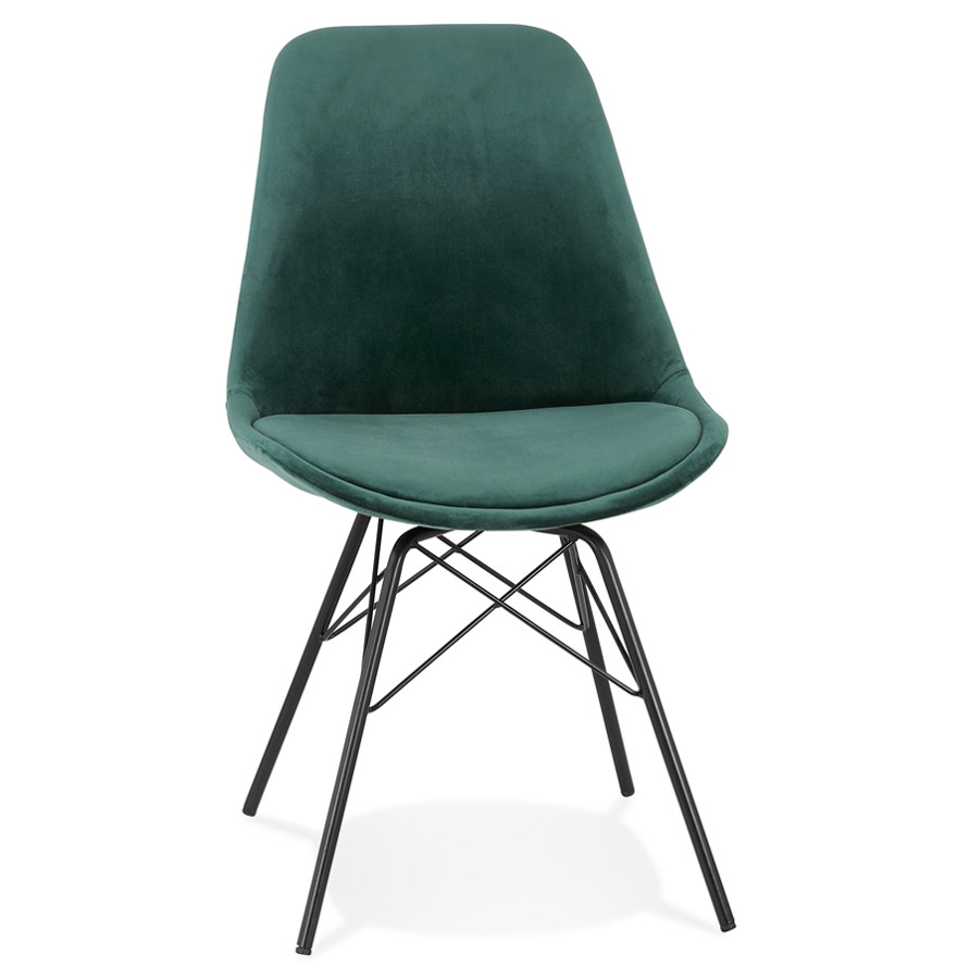 Chaise design ZAZY velours vert, pieds métal noir